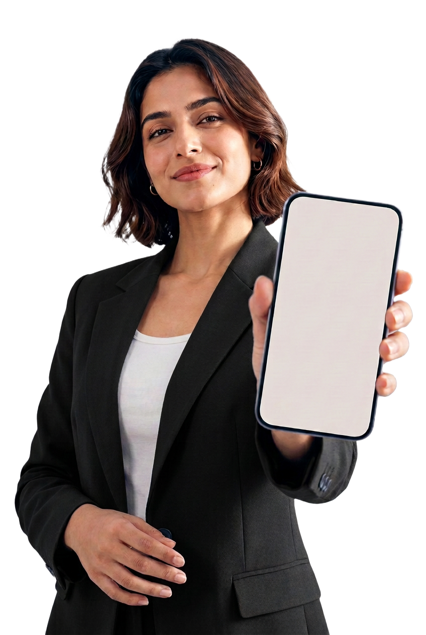 A Bluman female Chartered Accountant holding out a phone for an online consultation